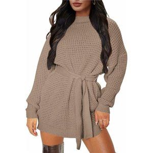 Women's Fall Long Sleeve Waffle Knitted Tie Waist Tunic Pullover Sweater Dress